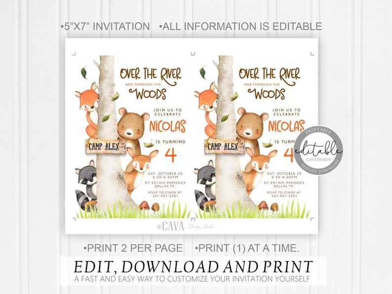 May include: Printable 5x7 inch invitation for a 4th birthday party with a woodland theme. The invitation features a watercolor illustration of a forest scene with a bear, deer, raccoon, and fox. The text reads "Over the River and Through the Woods" and "Join us to Celebrate Nicolas is turning 4".