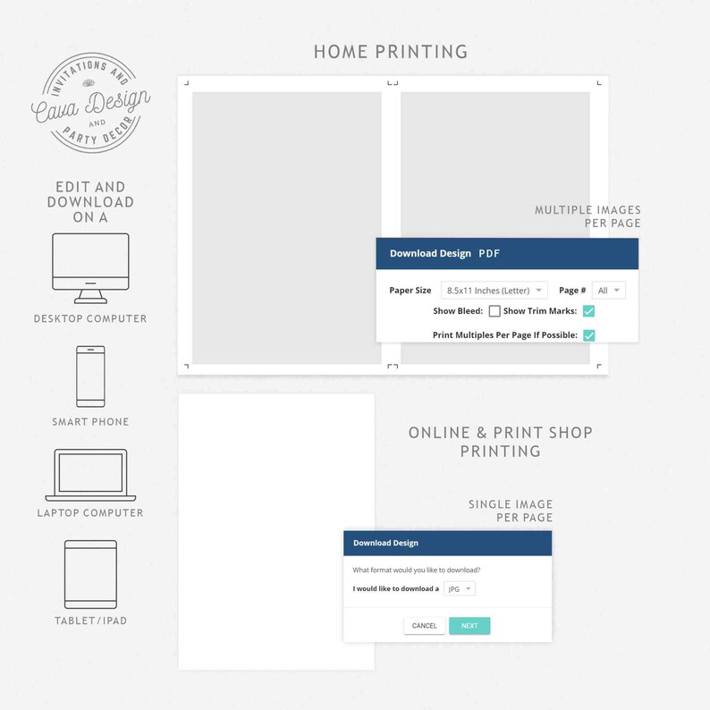 May include: A screenshot of a website showing the options for downloading a design. The options include home printing, online and print shop printing, and single image per page. The user can choose the paper size, whether to show bleed or trim marks, and whether to print multiples per page. The user can also choose the format they would like to download the design in.