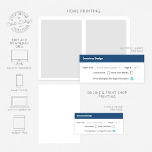 May include: A graphic showing the different ways to edit and download a design. The options include desktop computer, smart phone, laptop computer, and tablet/ipad. The graphic also shows the different printing options available, including home printing and online & print shop printing. The options for home printing include 8.5x11 inches (letter) paper size, show bleed, show trim marks, and print multiples per page if possible. The options for online & print shop printing include 8.5x11 inches (letter) paper size, show bleed, show trim marks, and print multiples per page if possible.