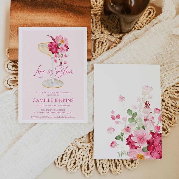 Invitación para despedida de soltera con flores rosas, plantilla para invitación a despedida de soltera con champán, invitación para despedida de soltera con flores rosas WD 263