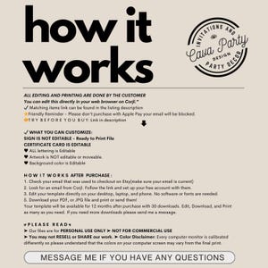 May include: A black and white graphic with the text "how it works" in large bold letters. The text explains that all editing and printing is done by the customer and provides instructions on how to edit and download the digital file. The text also includes a disclaimer that the files are for personal use only and not for commercial use.