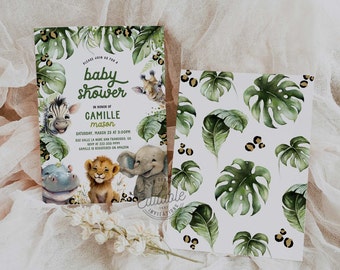 Może przedstawiać: Zaproszenie na baby shower w stylu dżungli. Zaproszenie zawiera zielone, liściaste tło z różnymi zwierzętami, w tym zebrą, lwem, hipopotamem, słoniem i żyrafą. Tekst na zaproszeniu brzmi "baby shower" na cześć Camille Mason. Data i godzina baby shower są wymienione wraz z adresem i informacjami RSVP.
