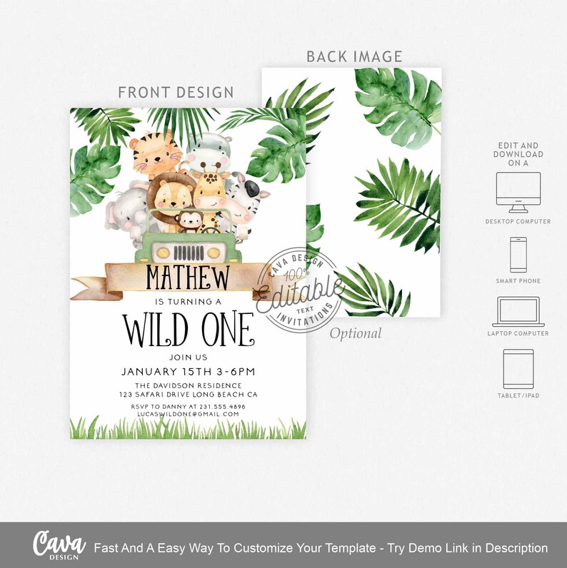 Editable Wild One Birthday Boy Invitation, Safari Party Invitation, Safari Animal Invitation, Jungle Birthday, Printable Invite, WOB238 image 4