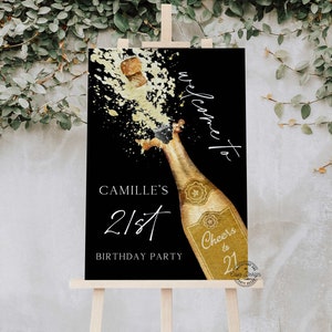 21st Birthday Welcome Sign | Black and Gold Champagne Bottle Party Welcome Poster | Modern Welcome Sign Template | WD 222