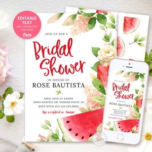 Watermelon Bridal Shower Invitation, Watermelon Wedding Shower Theme Invite, Summer Bridal Shower Editable Invitation, 0332