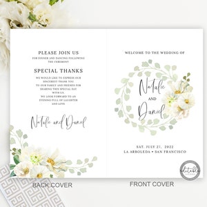 Wedding Program Template, White Flower Editable Program Template, Order of Service, Ceremony Program, Folded Program, Instant Download, 0288