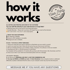May include: A how-to guide for editing and printing digital designs. The text explains that all editing and printing are done by the customer and that the designs can be edited directly in a web browser using Corjl. The text also includes a friendly reminder to avoid purchasing with Apple Pay, as it may block your email. The text also explains how to customize the design, including the ability to edit the lettering, but not the artwork. The text also explains how to download and print the design.