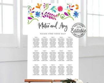May include: A colorful floral design with a white background and black text. The text reads "Mateo and Amy" and "Please find your seat". The text also includes table numbers and names of guests.