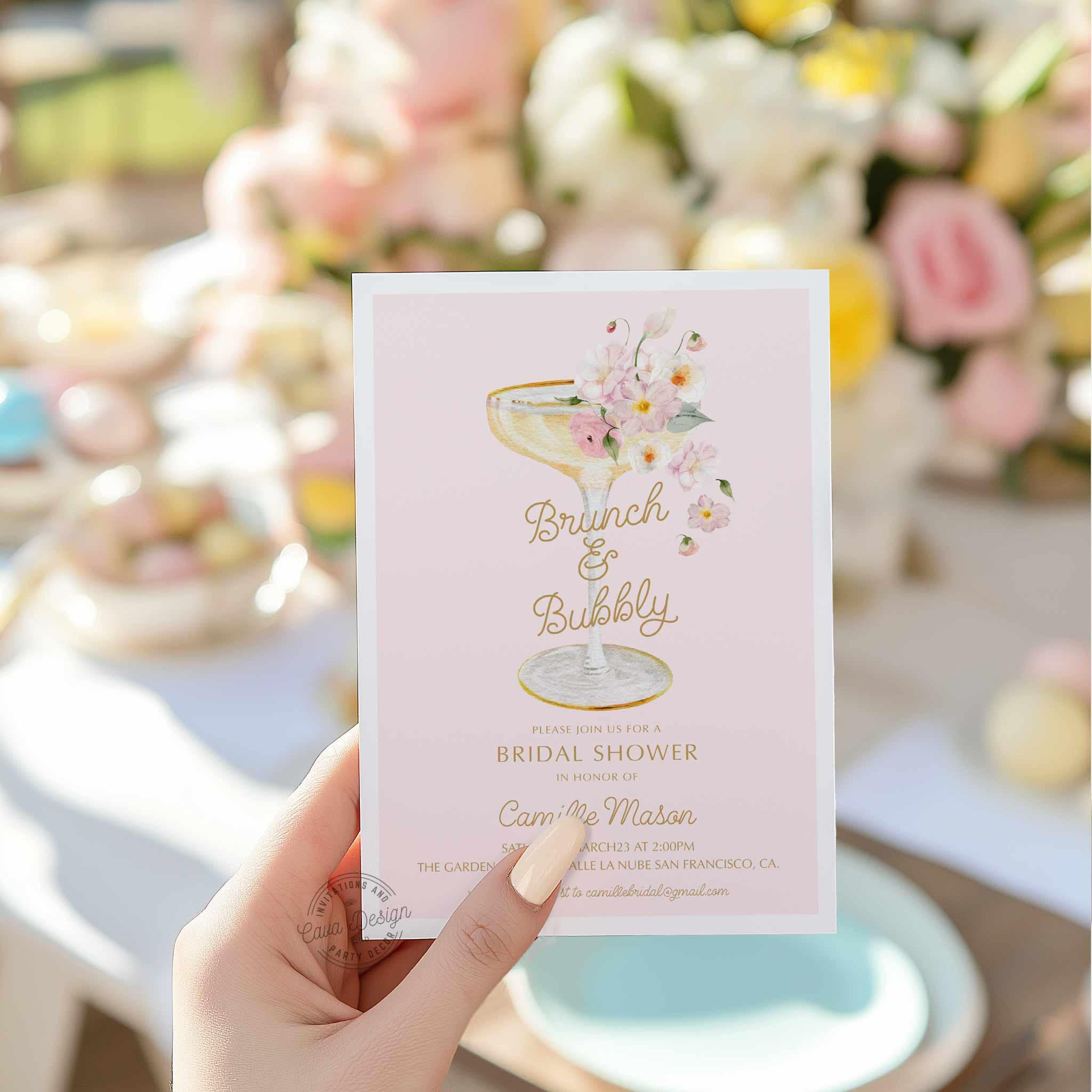 Brunch and Bubbly Bridal Shower Invitation Template, Champagne Shower Invite, Summer Pink Bridal Shower Invitation, Brunch Invite WD 239
