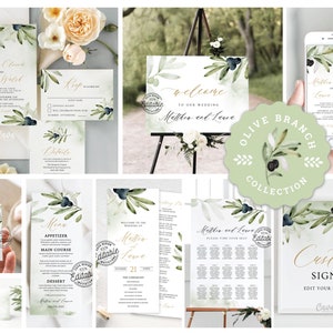 May include: A set of printable wedding stationery featuring a watercolor olive branch design with green leaves and black olives. The set includes an invitation, RSVP card, details card, menu, welcome sign, seating chart, and a thank you card. The text on the invitation reads "Matthew and Love".