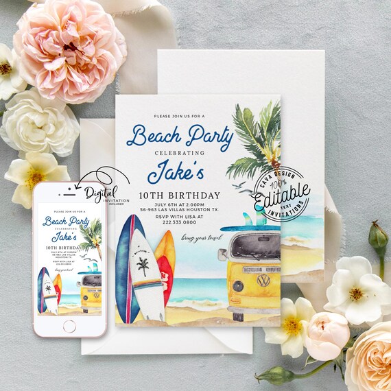 Beach Party Invitation, Summer Birthday Invitation, Surf Birthday Invite, Beach Birthday Invitation Template Y0293