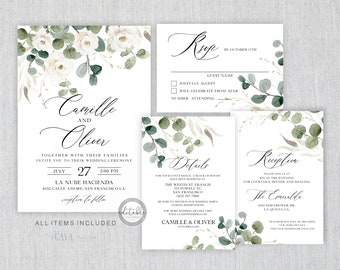 May include: Wedding invitation suite with a watercolor design featuring white roses and eucalyptus leaves. The invitation includes the couple's names, Camille and Oliver, the date and time of the ceremony, and the location. The RSVP card includes a space for the guest's name, a checkbox to indicate acceptance, and a space for the number of guests attending. The details card includes information about the ceremony and reception, including the location and time. The reception card includes the name of the reception venue, The Esmeralda, and the address.
