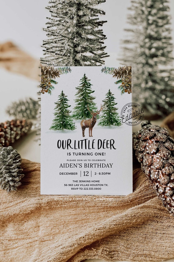 Winter Woodland First Birthday Invitation: Oh Deer Template (Digital Download)