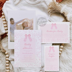 Roze bloemen en strik babyshowerbundel, uitnodiging, boeken voor baby, bloemenluierloterij, babyshowerset van 3 uitnodigingsset sjabloon WD 0276