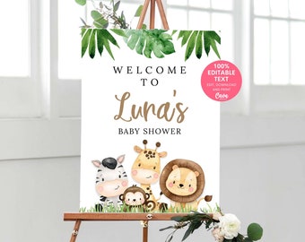 Editable Safari Baby Shower Welcome Sign, Printable Jungle Animal Theme Baby Shower Welcome Sign, Safari Welcome Yard Sign Template, 0338SBY