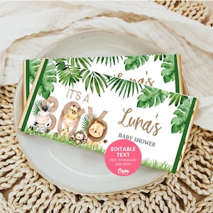 It&#39;s Boy Safari Baby Shower Chocolate Wrapper Printable, Jungle Theme Candy Bar Wrapper,  INSTANT DOWNLOAD 0338SBY