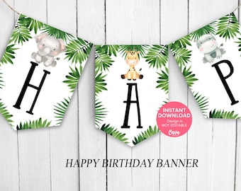 Banderín de feliz cumpleaños de Safari Wild One, banderines de jungla para imprimir con texto "Happy Birthday", decoración de fiesta de cumpleaños de Safari, descarga instantánea 238G
