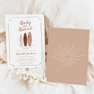 May include: A white baby shower invitation with a brown and white surfboard design. The text reads "Baby on Board" and includes the name "Camille Jenkins". The invitation details the date, time, and location of the shower. A separate card features a brown background with a white line drawing of a sun setting over the ocean.