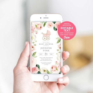 Pink Floral Garden Baby Shower Evite, Spring Girl Baby Shower Text Invitation, Baby Carriage Electronic Invitation, Phone Invite, 0350GR