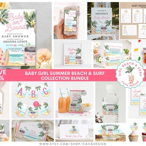 Beach Girl Baby Shower Invitation Bundle, Girl Summer Beach Invitation Set, Baby Shower Bundle, Editable Printable Templates, BSG 0293