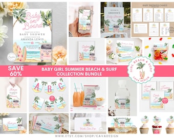 Babypartyeinladungsset Strandmädchen, Mädchen-Sommerstrand-Einladungsset, Babyparty-Set, bearbeitbare druckbare Vorlagen, BSG 0293
