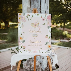 Cartel de bienvenida con brunch y champán / Cartel de bienvenida con pétalos y prosecco / Plantilla editable para despedida de soltera en color rosa veraniego / WD 239
