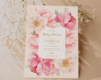 May include: A pink and white floral baby shower invitation with gold lettering. The invitation reads "Please join us for a Baby Shower in honor of Camille Jenkins, March 23rd at 3:00pm, The Garden Cafe, 23 Calle La Nube San Francisco, Ca, Roup, Camille registered on Amazon."