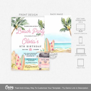 Girl Beach Party Birthday Invitation, Evite Ocean Birthday Invitation Template, Surfer Invitation, Editable Template, BSG_0293 image 3