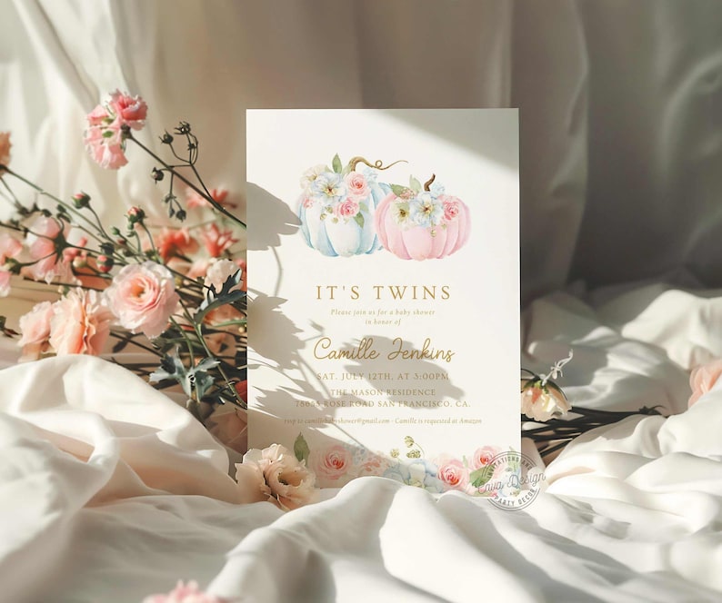 Twins Blue and Pink Fall Baby Shower Invitation