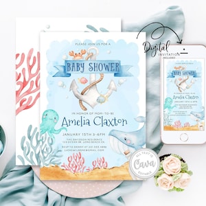Nautical Baby Shower Invitation, Ocean Themed Shower Invite, Boy Baby Shower Summer Beach Invitation, Editable Printable Invitation, OB0278