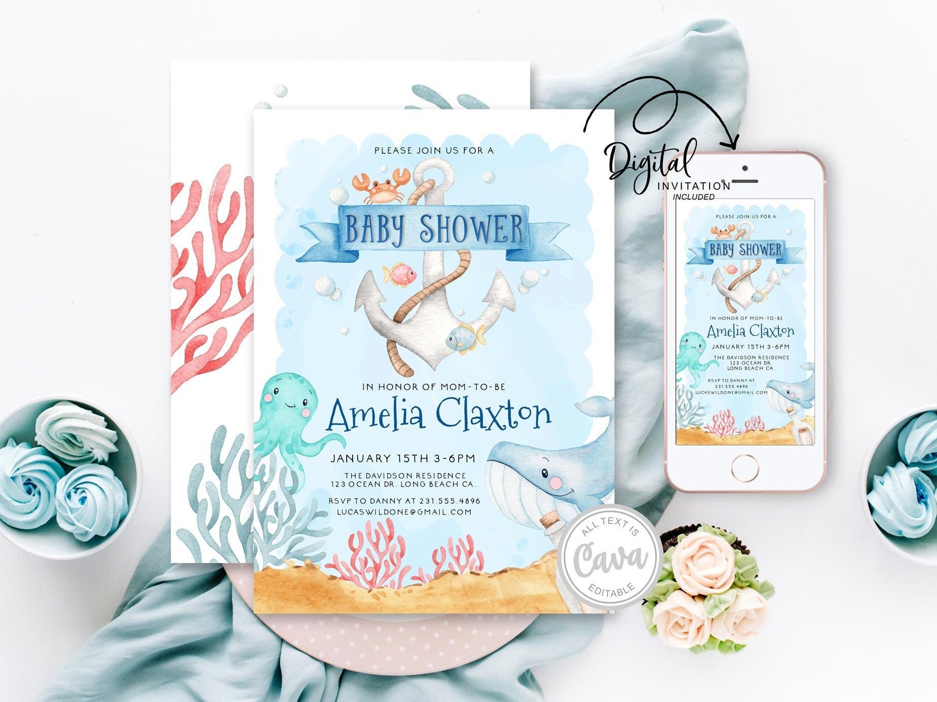 Nautical Baby Shower Invitation Ocean Themed Shower Invite Etsy