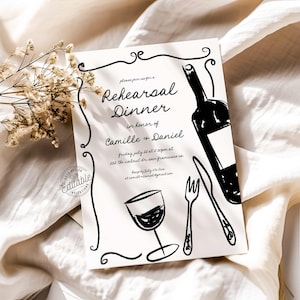 Modelo de convite para jantar de ensaio, convite desenhado à mão caprichoso, ensaio de casamento, modelo de convite para a noite anterior - WD 0279