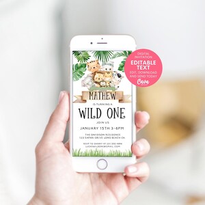 May include: A digital invitation for a first birthday party with a jungle theme. The invitation features a green, yellow, and brown jungle scene with a variety of animals, including a lion, monkey, elephant, giraffe, and zebra. The text on the invitation reads "Mathew is turning a Wild One" and includes the date and time of the party, the location, and RSVP information.