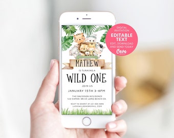 Wild One Birthday Boy Evite, Safari Boy Birthday Electronic Invitation, Jungle Boy Birthday Digital Phone Invite, Text Invitation 238G