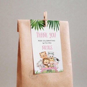 Étiquettes de faveur d&#39;anniversaire fille sauvage, animaux de la jungle Merci, étiquettes de faveur imprimables Safari, étiquettes de faveur d&#39;anniversaire modifiables roses, 238P