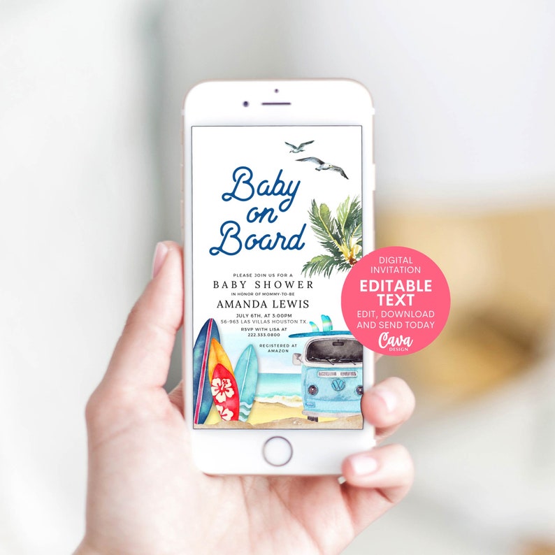 Boy Baby on Board Electronic Invitation Summer Beach Baby Shower Digital Invitation Beach Boy Baby Shower Evite BSB0293