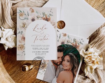 Boho Wedding Invitation with Photo Template, Terracotta Wedding Invitation Printable, Rust Wedding Invite INSTANT DOWNLOAD Invitation  111B