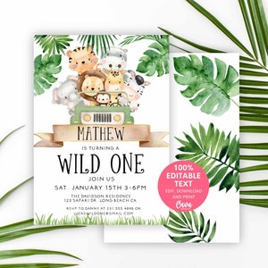 Editable Wild One Birthday Boy Invitation, Safari Party Invitation, Safari Animal Invitation, Jungle Birthday, Printable Invite, WOB238 image 1