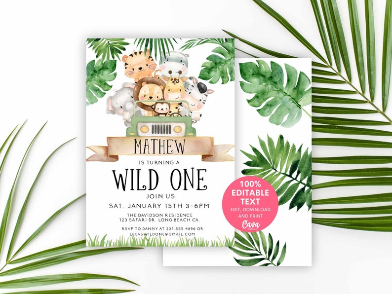 Editable Wild One Birthday Boy Invitation, Safari Party Invitation, Safari Animal Invitation, Jungle Birthday, Printable Invite, WOB238 image 1