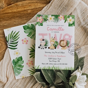 Safari Girl 2nd Birthday Invitation, Editable 2nd Pink Jungle Birthday Invitation Template, Jungle Animals Invite Download, 0338GFB