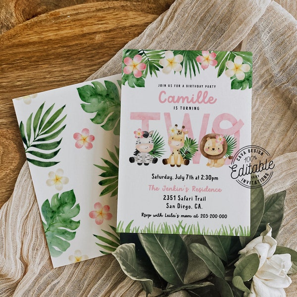 Safari Girl 2nd Birthday Invitation, Editable 2nd Pink Jungle Birthday Invitation Template, Jungle Animals Invite Download, FBG0338