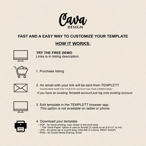 May include: A graphic with instructions on how to customize a template using the Templett website. The graphic includes icons for a computer, shopping cart, email, and printer. The text says "Fast and easy way to customize your template. How it works: Try the free demo. Links is in listing description. 1. Purchase listing. 2. An email with your link will be sent from Templett. *Please make sure that your Etsy account has your current email*. If you have an existing Templett account just log onto existing account. 3. Edit template in the Templett browser app. This option is not available on tablet or phone. 4. Download your template. &bull; PDF - for home printing, copy center or the print shop. "The "Save Paper" option is used to format (2) cards on an 8.5"x11" or A4. &bull; JPG - for photo lab or a print shop (ONLINE or LOCAL PRINT SHOP). &bull; PNG - for Social Media Sharing, Email."