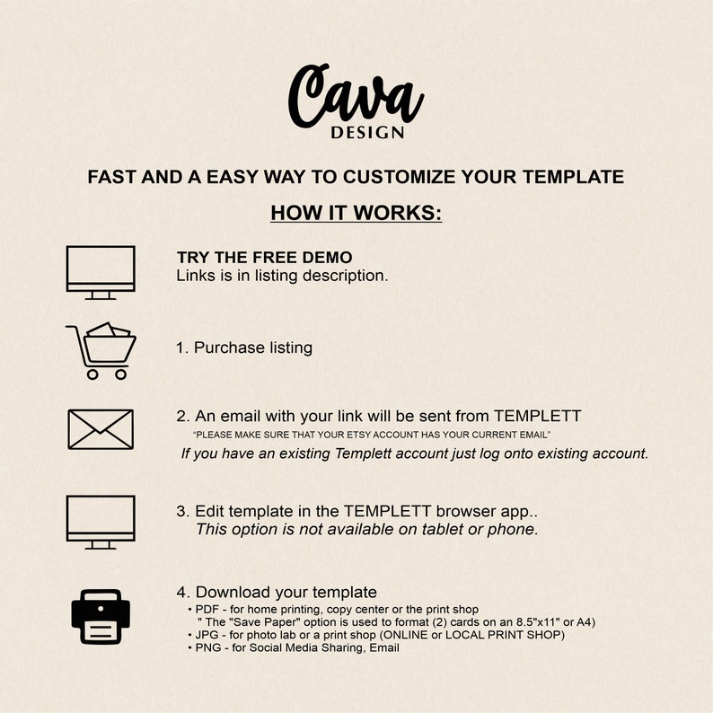 May include: A graphic with instructions on how to customize a template using the Templett website. The graphic includes icons for a computer, shopping cart, email, and printer. The text says "Fast and easy way to customize your template. How it works: Try the free demo. Links is in listing description. 1. Purchase listing. 2. An email with your link will be sent from Templett. *Please make sure that your Etsy account has your current email*. If you have an existing Templett account just log onto existing account. 3. Edit template in the Templett browser app. This option is not available on tablet or phone. 4. Download your template. &bull; PDF - for home printing, copy center or the print shop. "The "Save Paper" option is used to format (2) cards on an 8.5"x11" or A4. &bull; JPG - for photo lab or a print shop (ONLINE or LOCAL PRINT SHOP). &bull; PNG - for Social Media Sharing, Email."