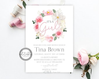 It's a Girl Baby Shower Invitation, Pink Floral Baby Shower Invitation, Floral Baby Shower Invite, PRINTABLE Editable Template, BS_235