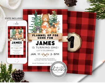 Lumberjack First Birthday Invitation: Buffalo Plaid, Woodland Animals (Printable, Editable)