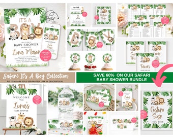 Safari Its a Boy Baby Shower Bundle, Jungle Baby Shower Invitation Set, Safari Invitation Template, Party Bundle, Editable Templates 0338SBY
