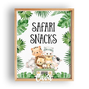 May include: A printable sign with a white background and green tropical leaves around the border. The sign says "Safari Snacks" in black text. There is a cartoon image of a green jeep with a monkey driving and a group of safari animals in the back.