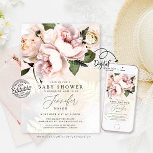 Girl Pink Blush Flower Baby Shower Invitation, Pink Floral Baby Shower Invitation Template, Garden Theme Baby Shower Invitation Download 106