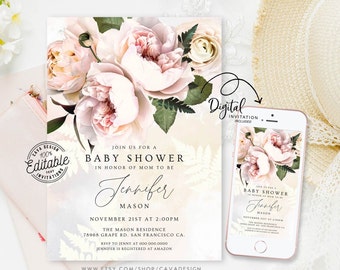 Könnte beinhalten: Eine rosafarbene und weiße Babyparty-Einladung mit einem zarten Spitzenmuster. Die Einladung enthält den Text "Schließen Sie sich uns zu einer Babyparty zu Ehren der werdenden Mutter Jennifer Mason an" und beinhaltet Datum, Uhrzeit und Ort der Veranstaltung. Die Einladung enthält auch eine Website-Adresse für den Etsy-Shop, in dem die Einladung gekauft wurde.