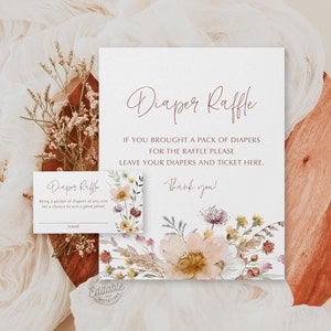 Sinal de sorteio de fraldas para chá de bebê Boho Wildflower e cartão de sorteio de fraldas, sinal de chuveiro 8x10, modelo de sorteio de fraldas, download instantâneo - WD 0282